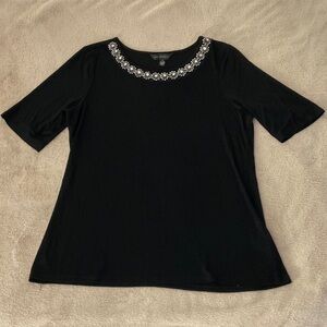 Investments Elegant Black Blouse with Decorative Neckline